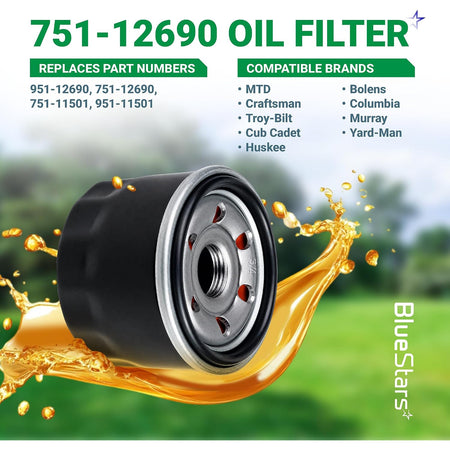 951-12690 LT4200 Oil Filter, angled product graphic with replacement part numbers and compatible brands listed