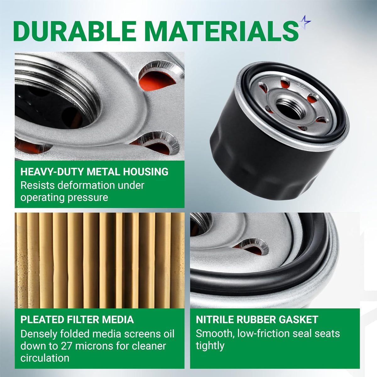 951-12690 LT4200 Oil Filter showing metal housing, pleated filter media, and nitrile rubber gasket close-ups