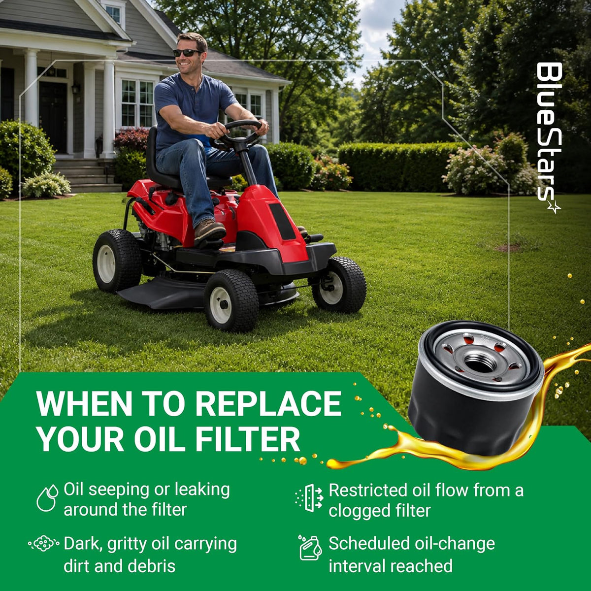 951-12690 LT4200 Oil Filter graphic showing a riding mower, filter, and signs it needs replacement