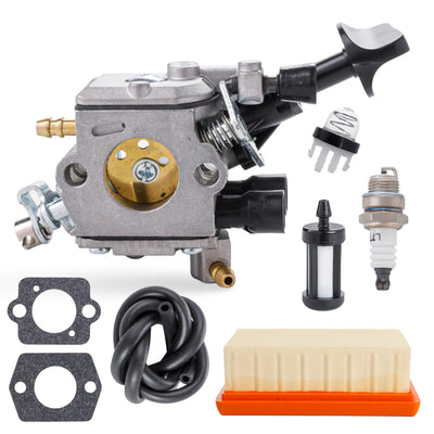 Carburetor repair kit for Stihl backpack blowers including carburetor, air filter, spark plug, fuel line, and gaskets.