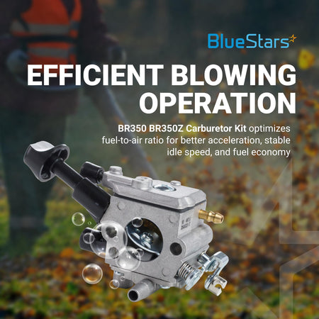 Replacement carburetor for Stihl BR350 backpack blower with adjustment knob and fuel line connections.