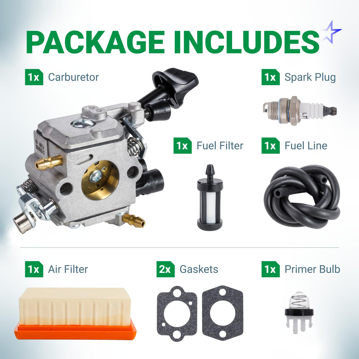 Carburetor repair kit for Stihl backpack blowers including carburetor, spark plug, fuel filter, line, air filter, and bulb.