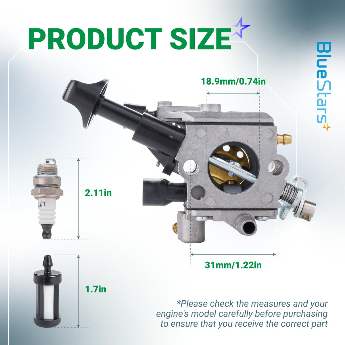 Dimensional diagram showing size measurements for Stihl BR350 backpack blower carburetor, spark plug, and fuel filter.