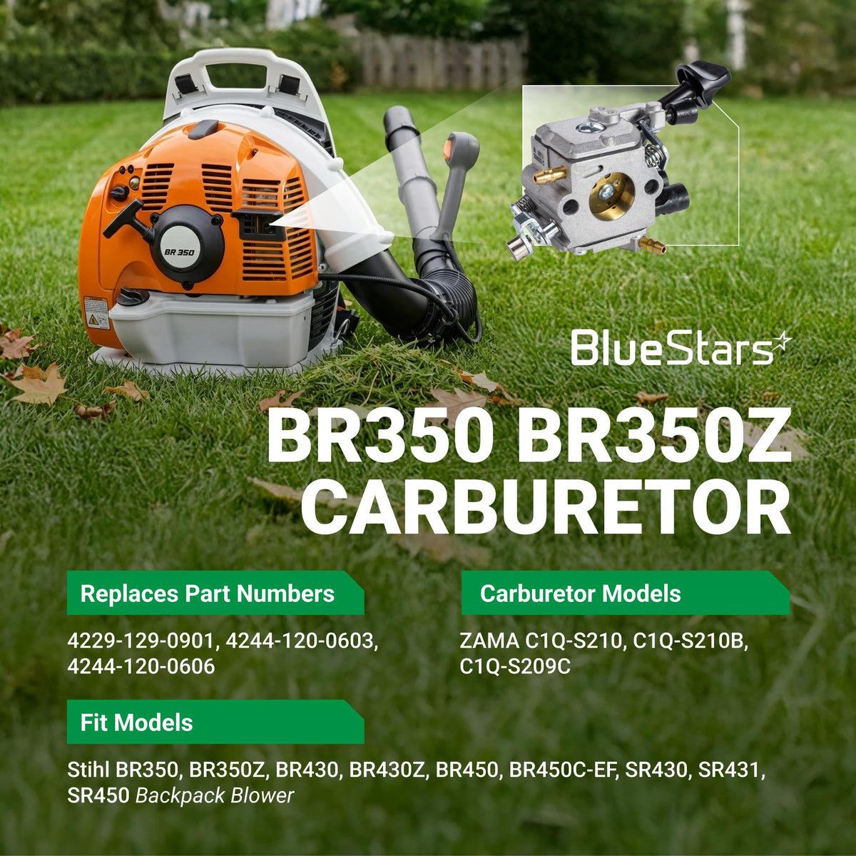 Replacement carburetor for Stihl BR350, BR430, and BR450 backpack blowers, compatible with Zama C1Q-S210 series.