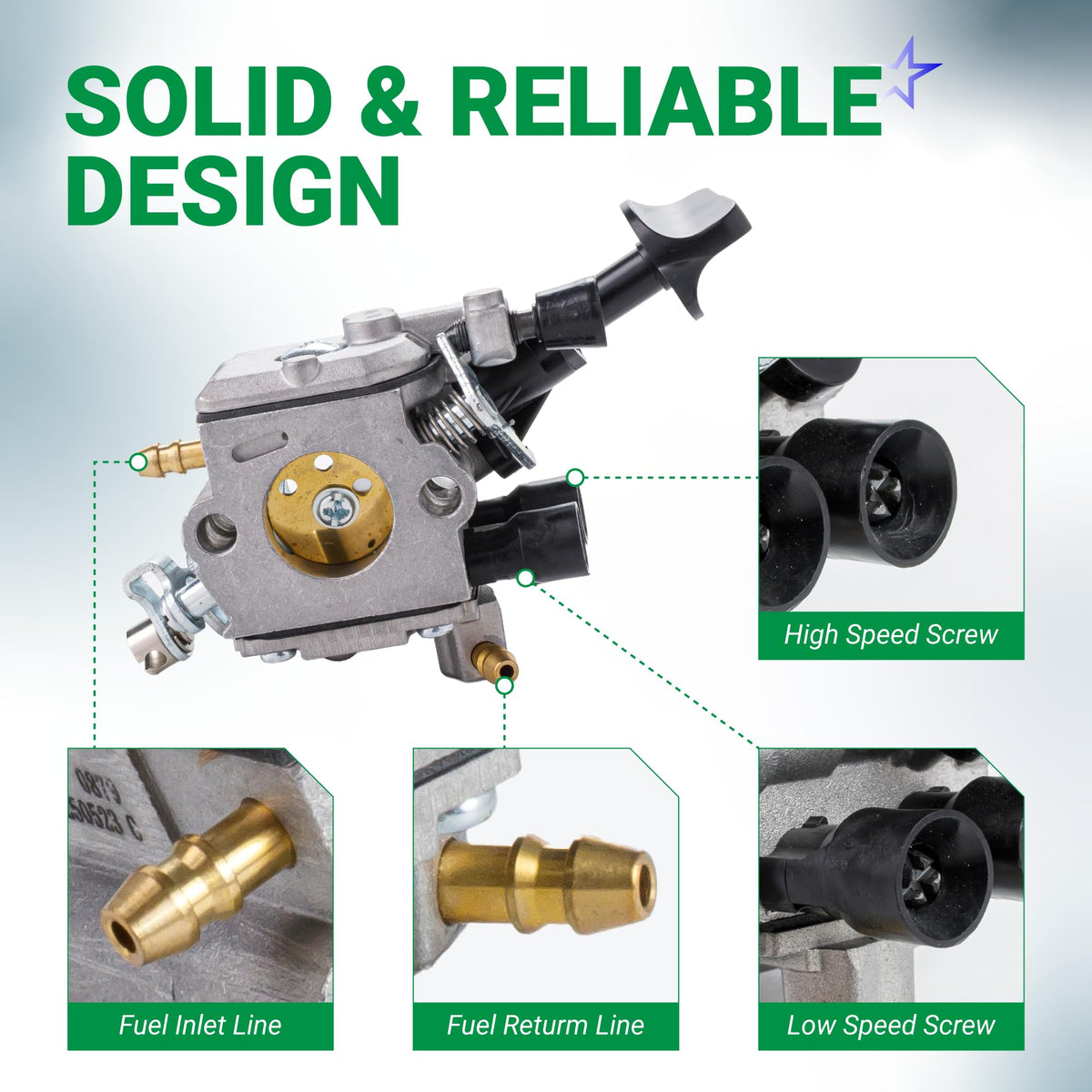 Stihl BR350 backpack blower carburetor showing fuel inlet, return lines, and high and low speed adjustment screws.