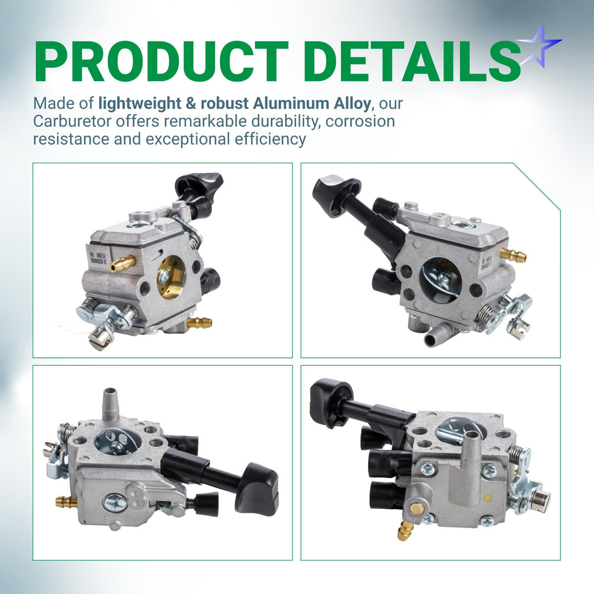 Four-angle view of aluminum alloy carburetor for Stihl BR350, BR430, and BR450 backpack blowers.