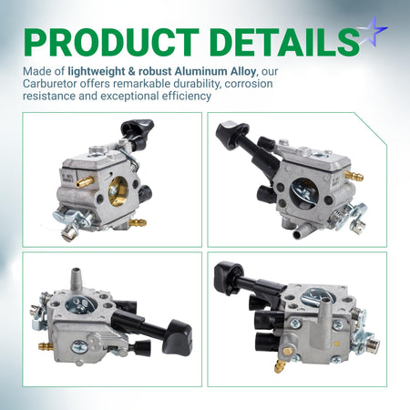 Four-angle view of aluminum alloy carburetor for Stihl BR350, BR430, and BR450 backpack blowers.