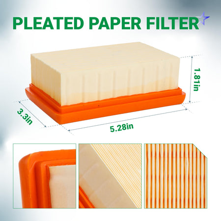 Pleated paper air filter for Stihl BR350, BR430, and BR450 backpack blowers with dimensions shown.