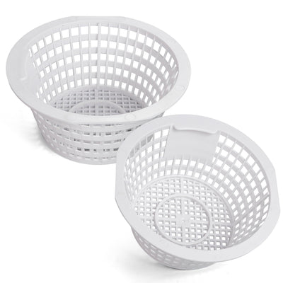 Two white 8928 replacement skimmer baskets for in-ground and above-ground swimming pool filters.