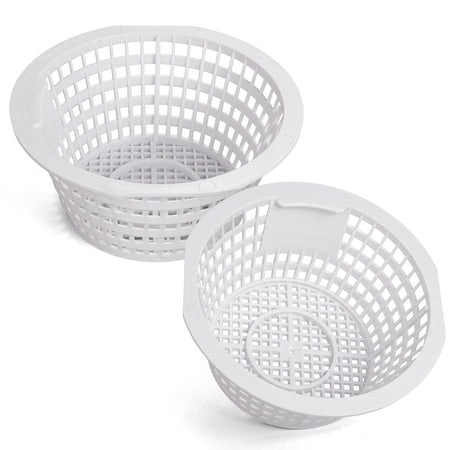 Two white 8928 replacement skimmer baskets for in-ground and above-ground swimming pool filters.