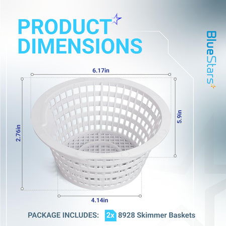 Dimensional diagram of 8928 pool skimmer replacement basket showing height, width, and base measurements.