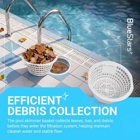 8928 replacement skimmer basket for pool filtration systems, shown collecting leaves and debris by a pool deck.