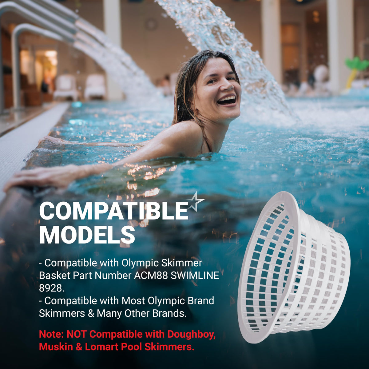 8928 replacement skimmer basket for Swimline Hydrotools and Olympic pool filters with compatibility information.