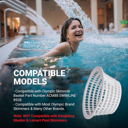 8928 replacement skimmer basket for Swimline Hydrotools and Olympic pool filters with compatibility information.