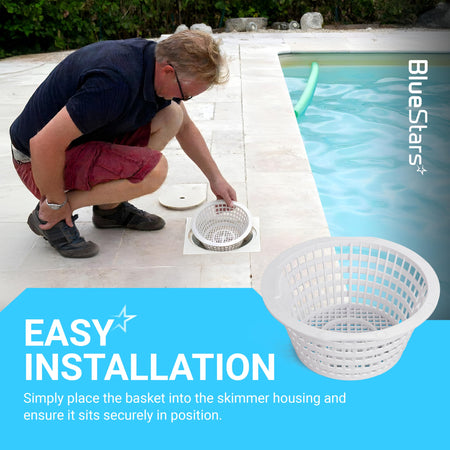Man installing an 8928 replacement skimmer basket into a swimming pool filter housing.