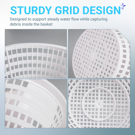 Close-up views of the 8928 pool skimmer basket showing the sturdy grid design and debris-capturing base.