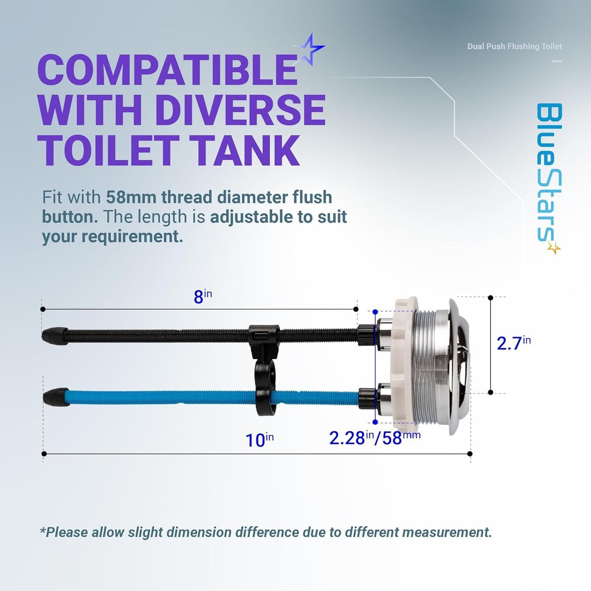 Dimensional diagram of 58mm dual push flush toilet button with adjustable rod lengths.
