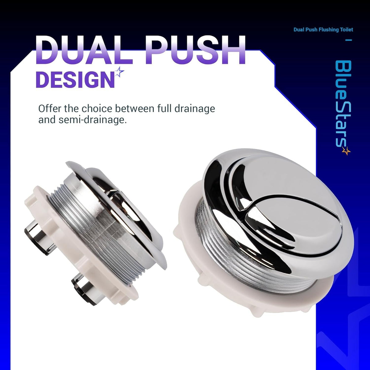 Two 58mm chrome dual push toilet flush buttons with threaded design for easy installation.