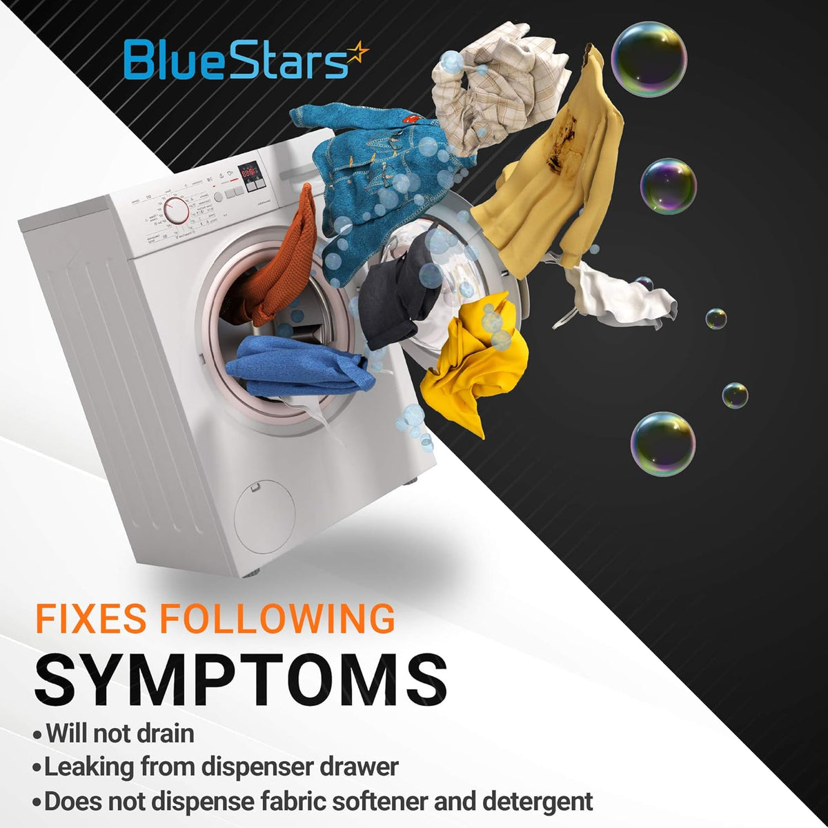 Informational graphic showing a washing machine and symptoms fixed by the 3891ER2003A detergent box assembly.