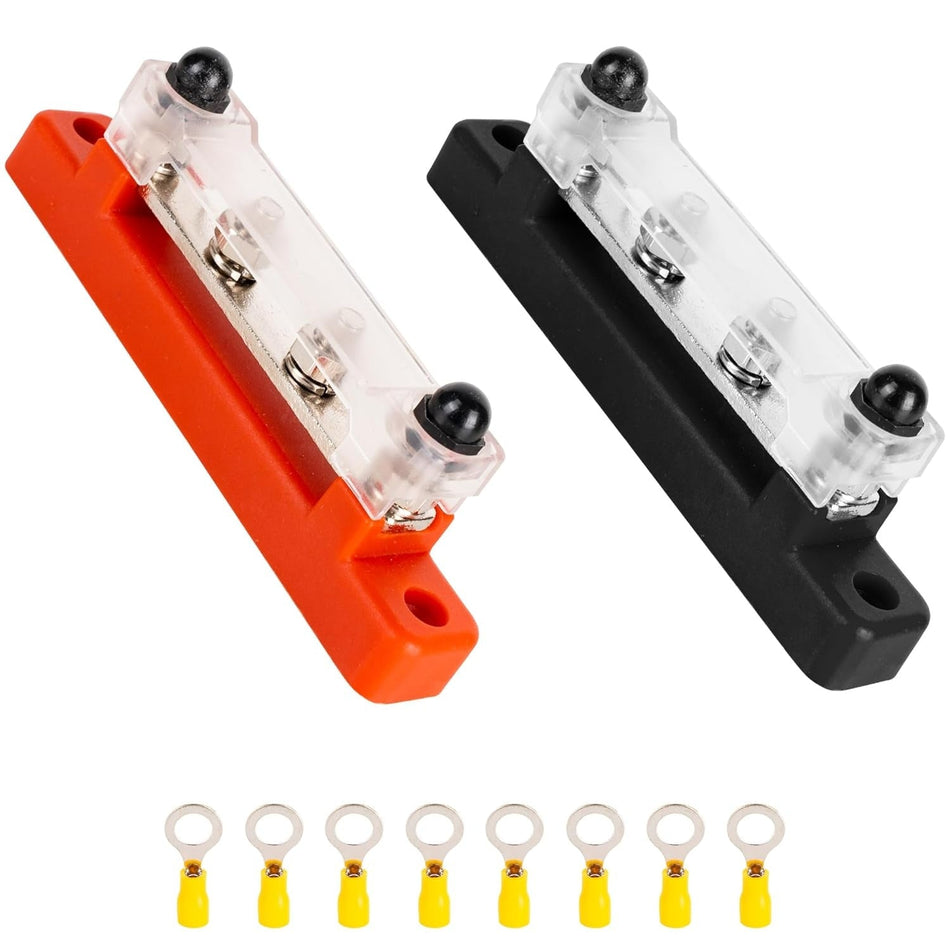 Bus Bar 130A AC/ 150A DC, 300V AC/ 48V DC, 4 Terminal Power Distribution Block with 8 Wire Lugs - Battery Junction Post