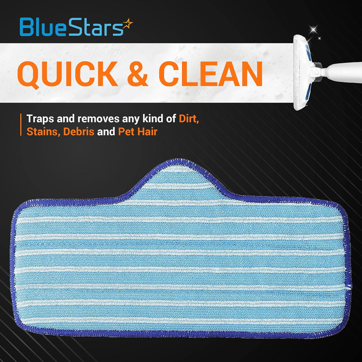 Blue and white striped microfiber pad for Dupray Neat steam cleaner, shown in a promotional cleaning graphic.