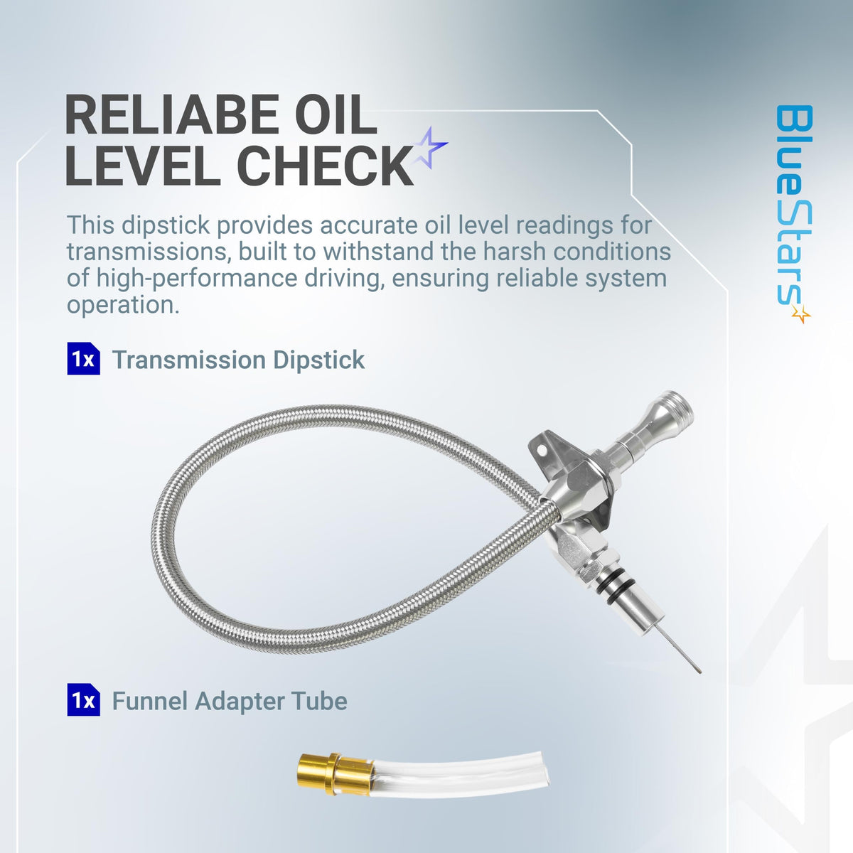 Flexible stainless braided transmission dipstick and funnel adapter tube for GM TH350 TH400 700R4 transmissions.