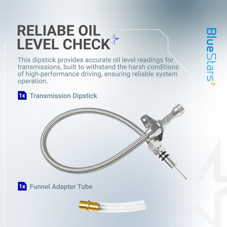 Flexible stainless braided transmission dipstick and funnel adapter tube for GM TH350 TH400 700R4 transmissions.