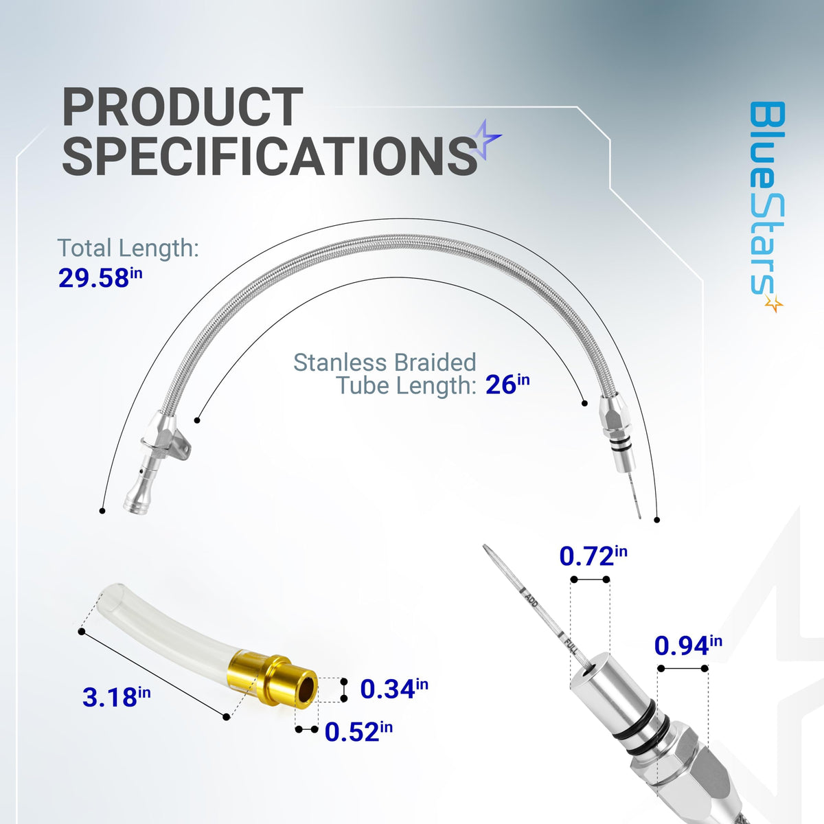 Technical specification diagram showing dimensions for TH350 TH400 700R4 transmission dipstick tube and braided hose.