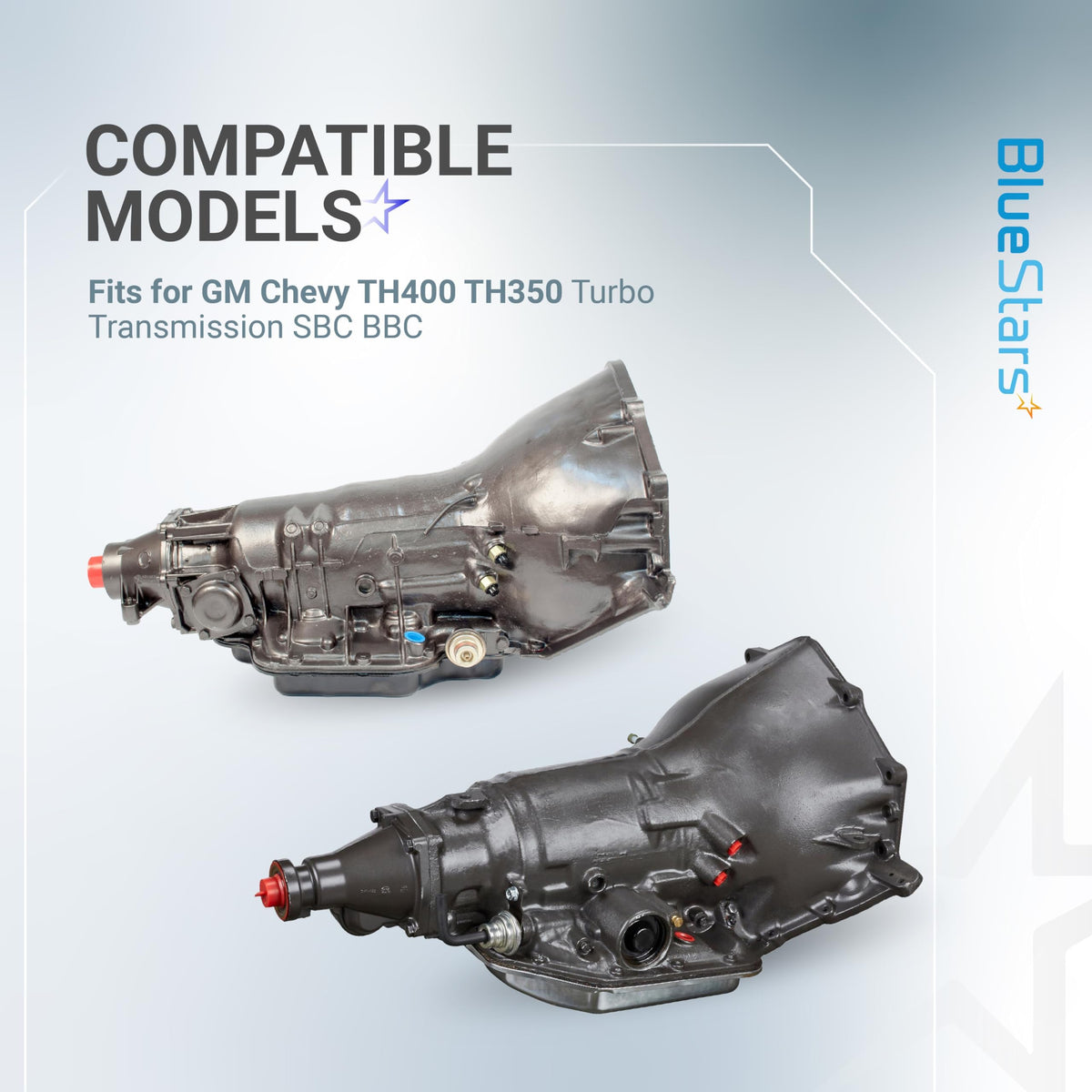 Two GM Chevy TH350 and TH400 transmission units showing compatibility for dipstick tube installation.