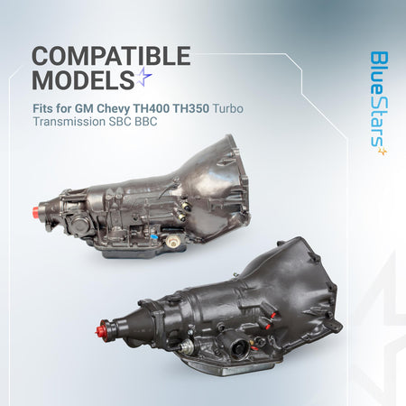 Two GM Chevy TH350 and TH400 transmission units showing compatibility for dipstick tube installation.