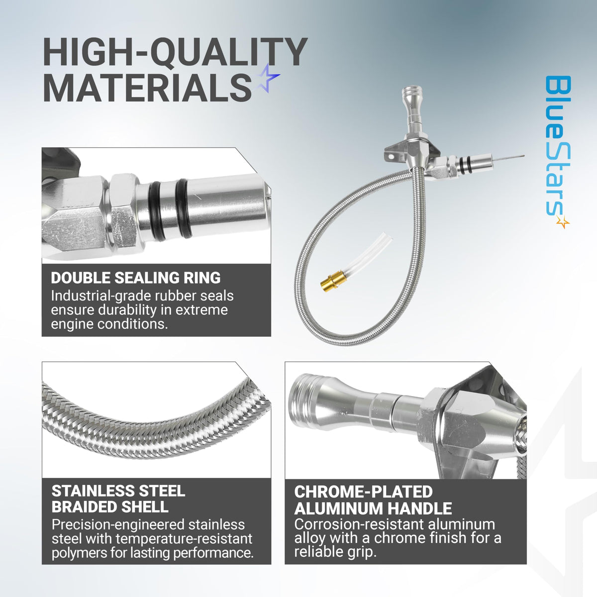 Infographic showing high-quality materials of a flexible stainless braided transmission dipstick tube for GM engines.