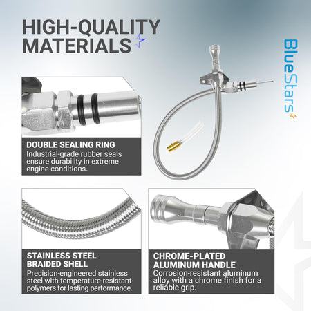 Infographic showing high-quality materials of a flexible stainless braided transmission dipstick tube for GM engines.