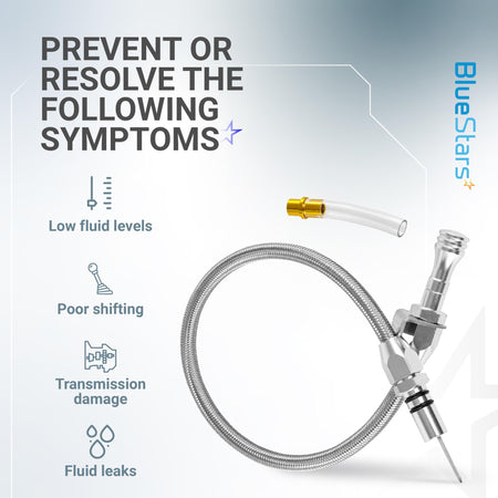 Infographic showing flexible stainless braided transmission dipstick tube for GM TH350 TH400 700R4 transmissions.