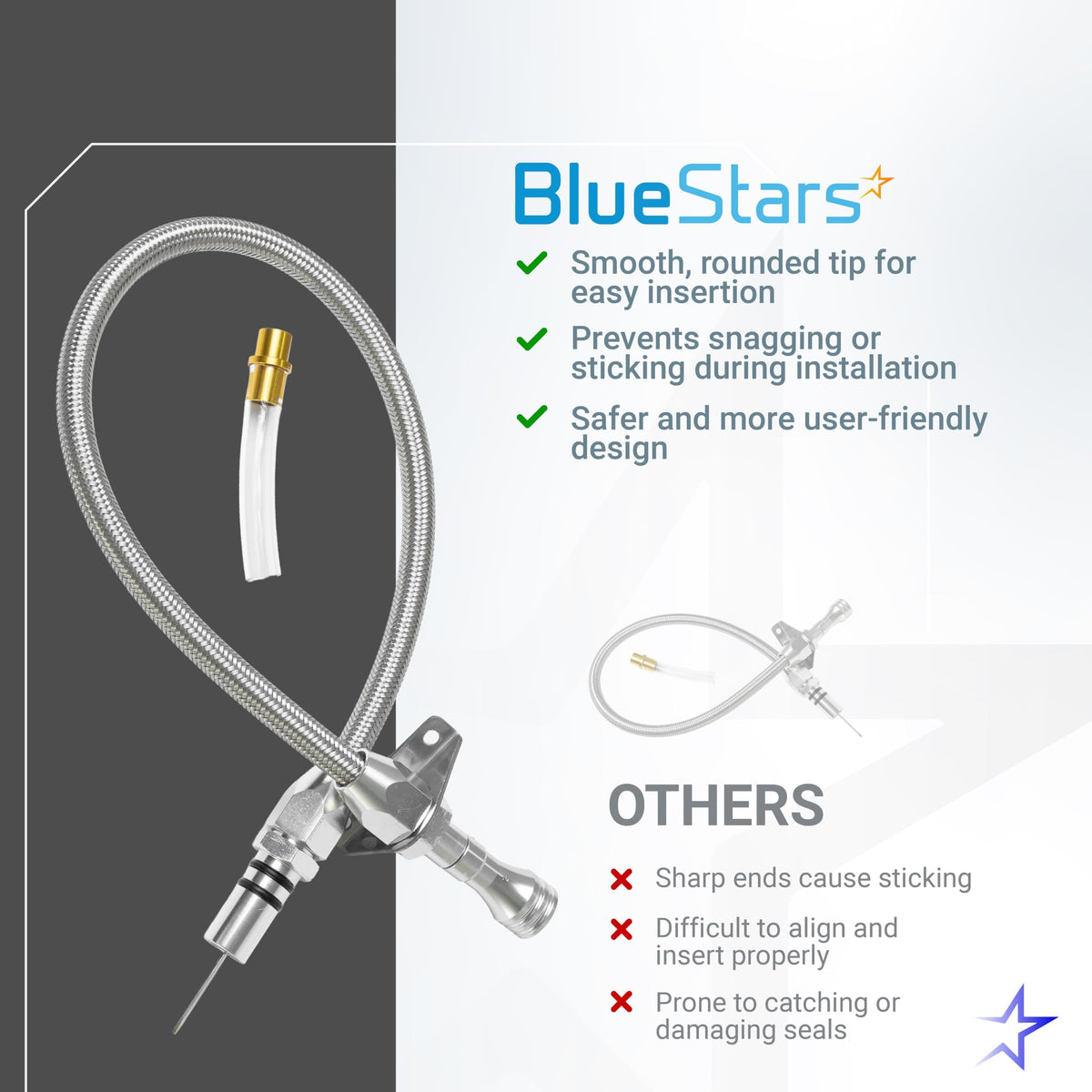 Comparison graphic showing BlueStars flexible stainless braided transmission dipstick tube with smooth tip design.