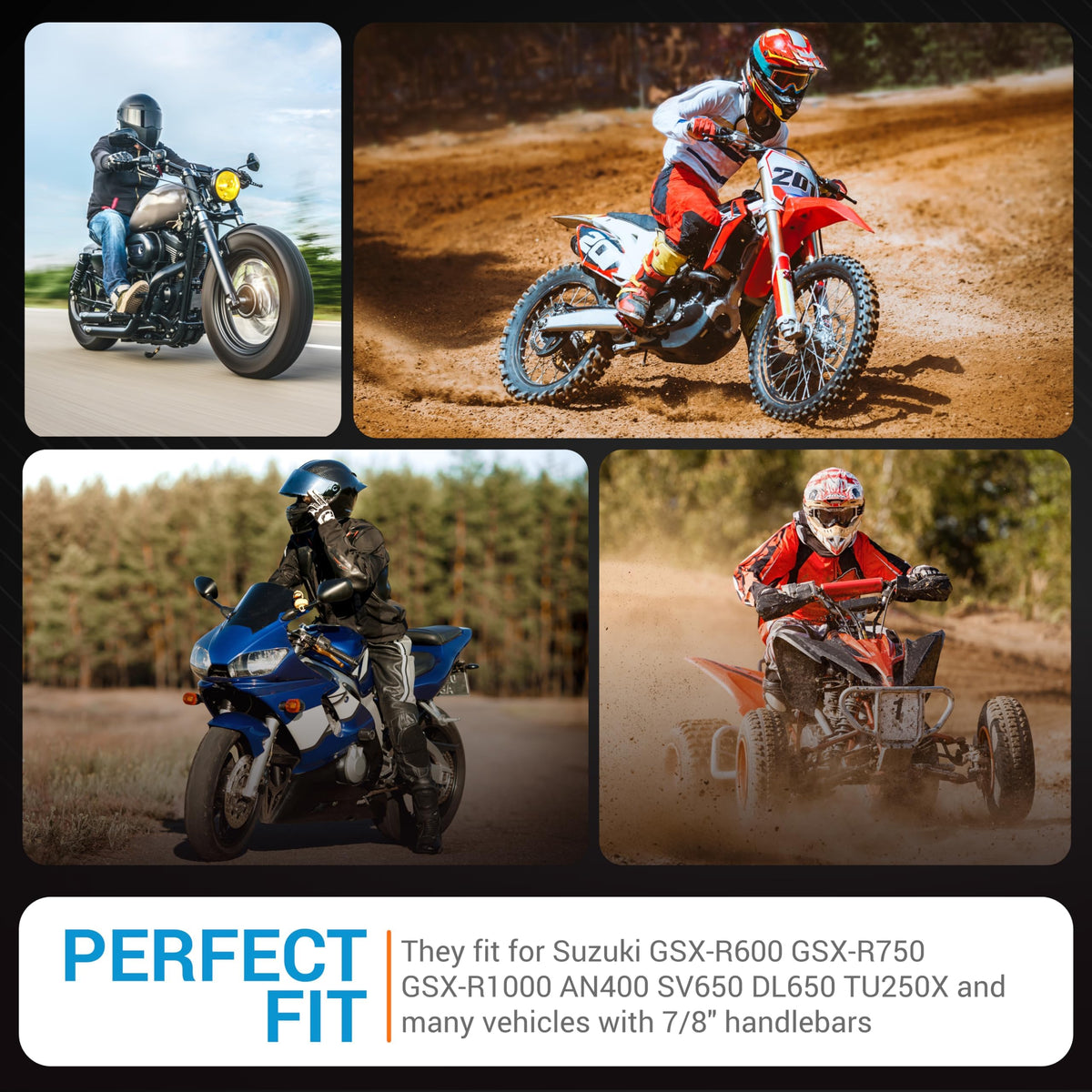 Collage of motorcycles and ATVs demonstrating compatibility for Suzuki replacement hand grips.