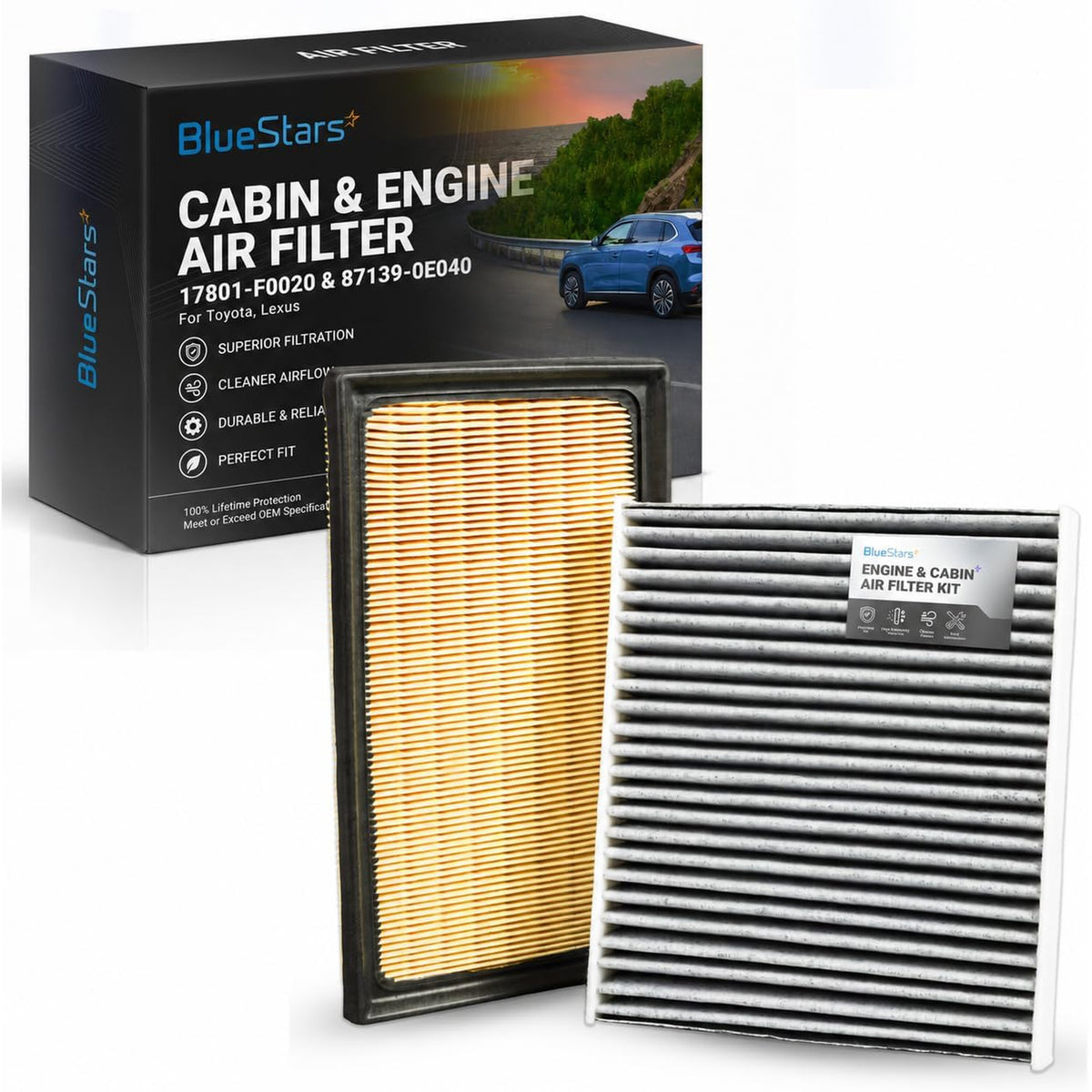 17801-F0020 & 87139-0E040 Engine & Cabin Air Filter Combo, box with two filters