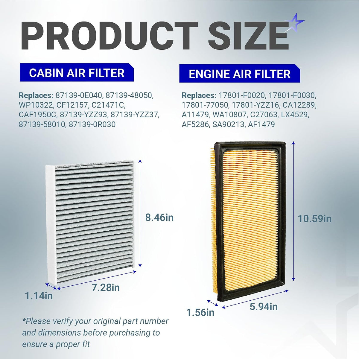 Engine & Cabin Air Filter Combo for Toyota, Lexus showing cabin and engine filter dimensions