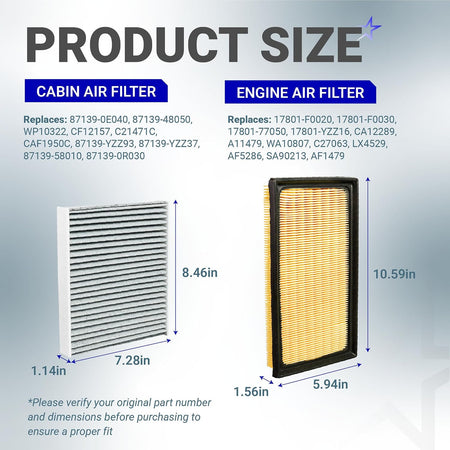 Engine & Cabin Air Filter Combo for Toyota, Lexus showing cabin and engine filter dimensions