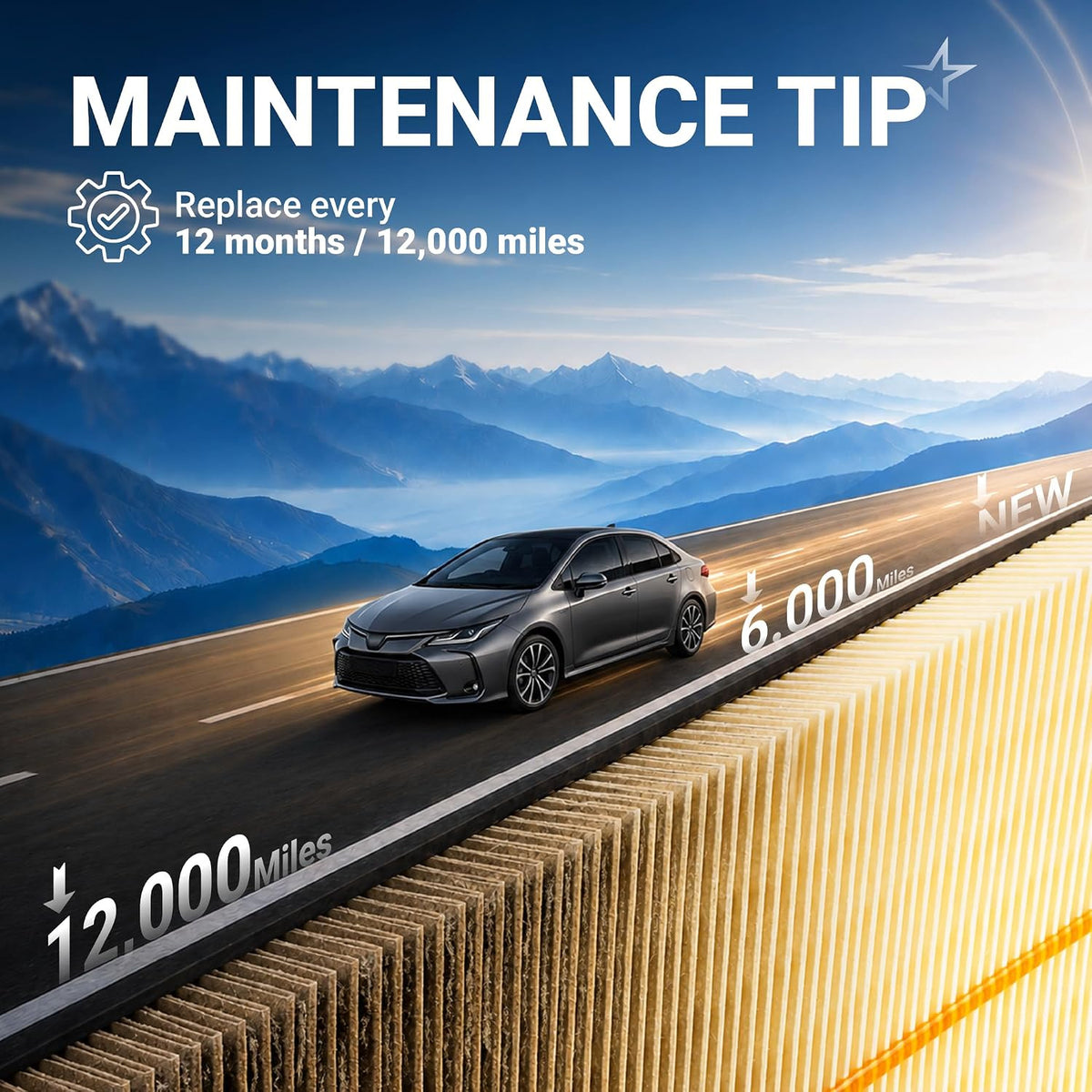 Engine & Cabin Air Filter Combo for Toyota, Lexus maintenance graphic showing car and 12,000-mile replacement tip