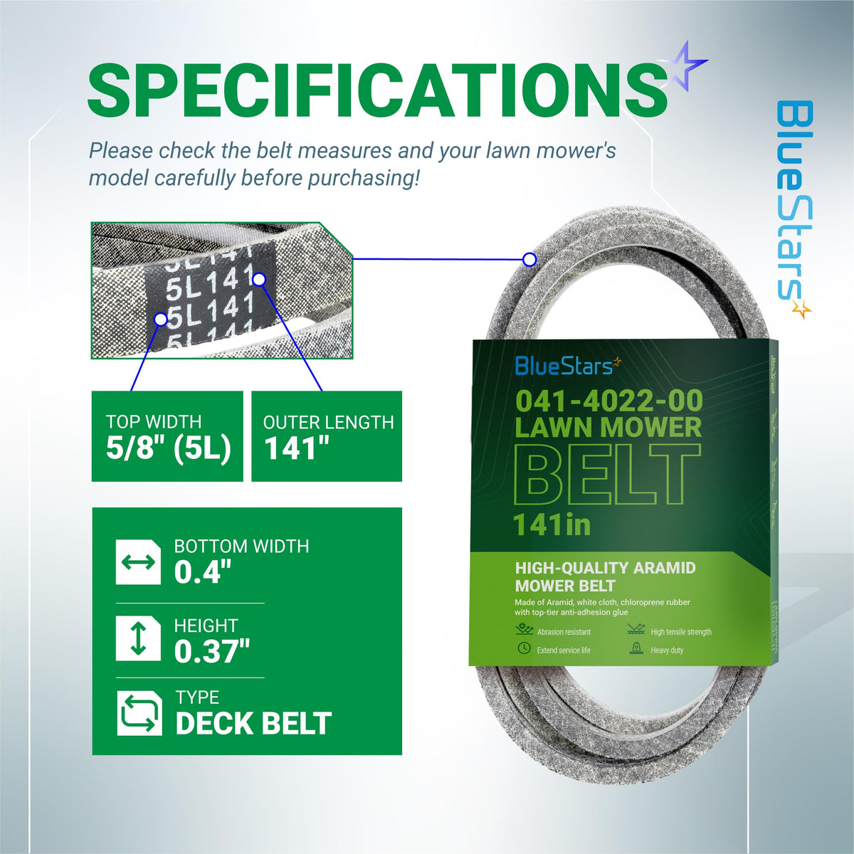 Infographic showing specifications and dimensions for 041-4022-00 Bad Boy Mowers replacement deck belt.