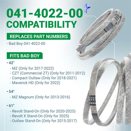 041-4022-00 replacement deck belt for Bad Boy mowers with compatibility chart and part number details.