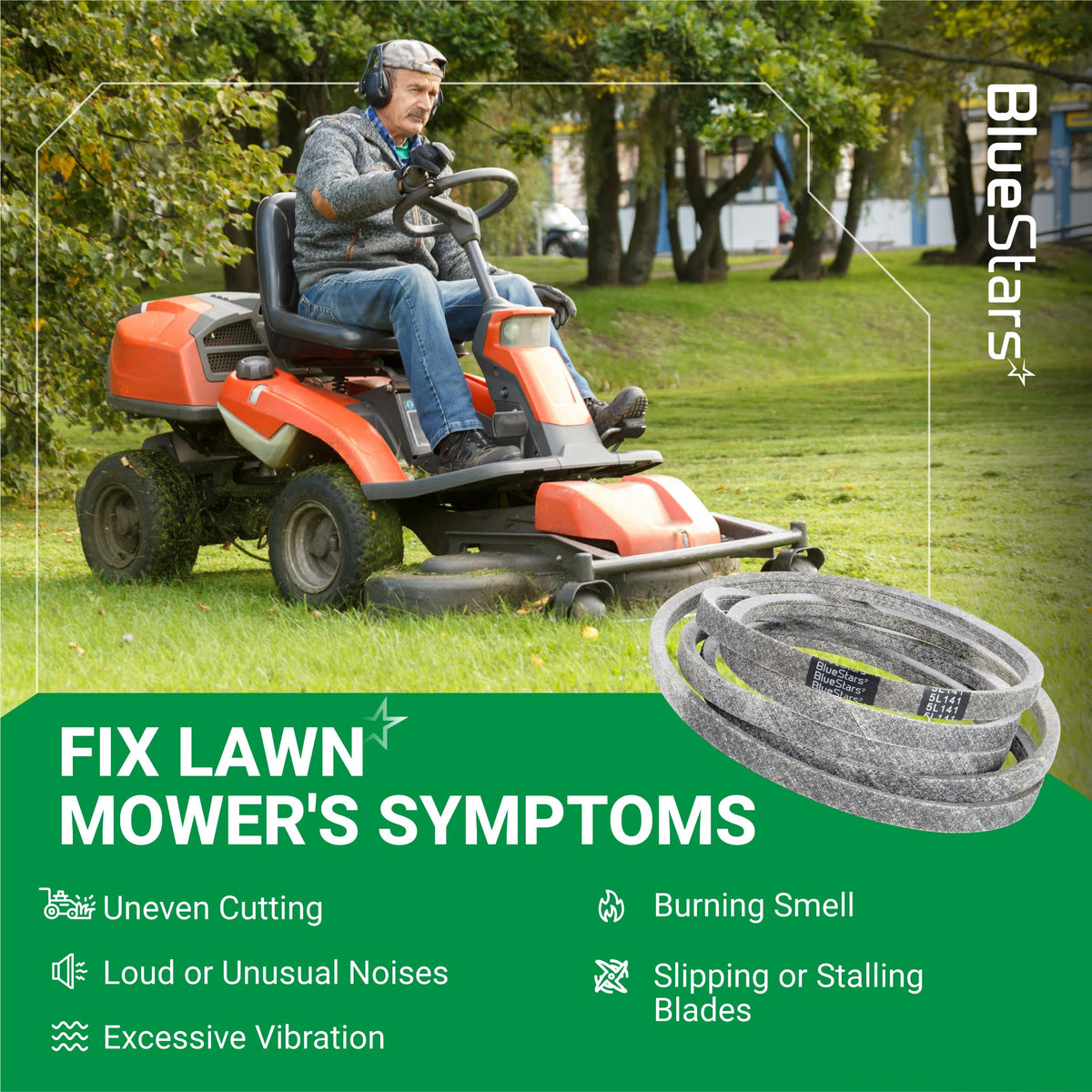 041-4022-00 replacement deck belt for Bad Boy mowers shown with a man operating a riding lawn mower.