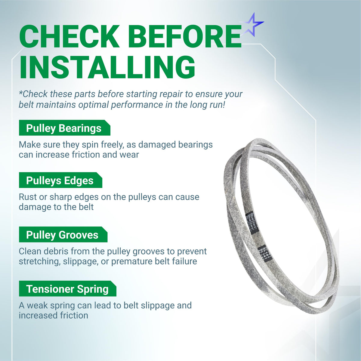 Infographic showing 041-4022-00 deck belt installation tips for Bad Boy mowers.