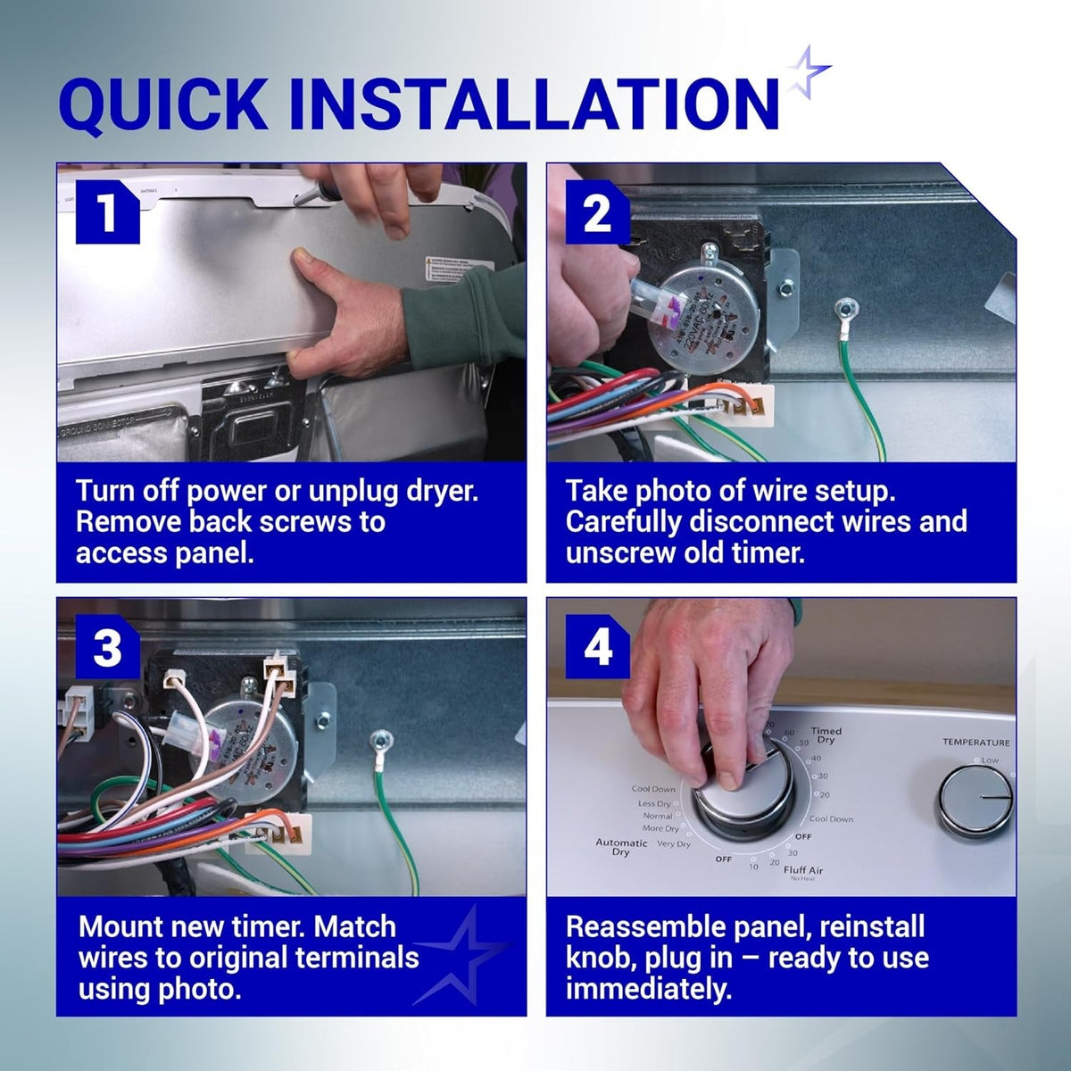 Four-step installation guide for W10185992 dryer timer showing panel removal, wiring, and knob replacement.