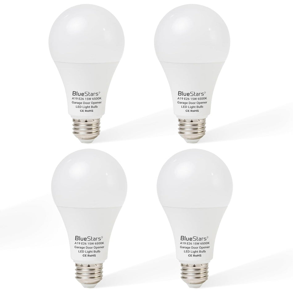 Universal Garage Door Opener LED Light Bulb 15W 100W Equivalent, 1500Lm Ultra Bright 120V A19 Bulbs E26 Base, 6500K Daylight, Minimize Interference No-Flicker - Pack of 4