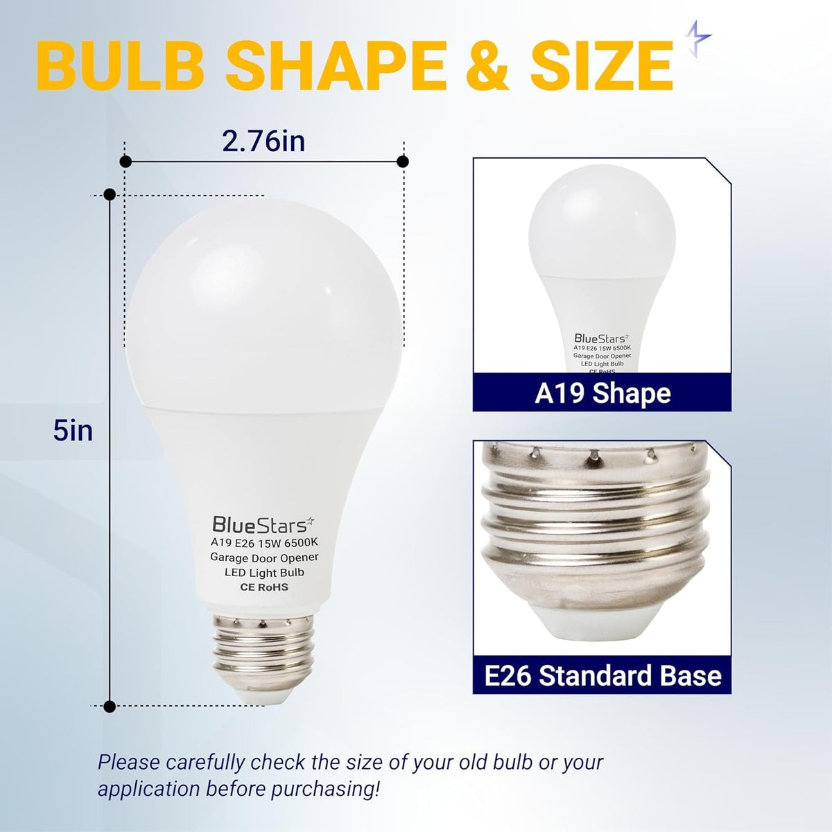 Diagram showing dimensions of A19 garage door opener LED light bulb with 2.76-inch width and 5-inch height.
