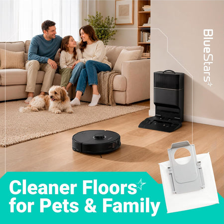 Qrevo QV 35A replacement dust bags, lifestyle graphic with robot vacuum, dock, family, pet, and dust bag insert