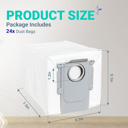 QV 35A Replacement Dust Bags, product size diagram showing 24-pack box, 5.1 x 3.5 x 5.1in dimensions and 1.2in opening
