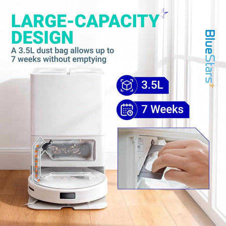 QV 35A replacement dust bags, 24-pack, shown with a robot dock and inset of bag installation; 3.5L, 7 weeks