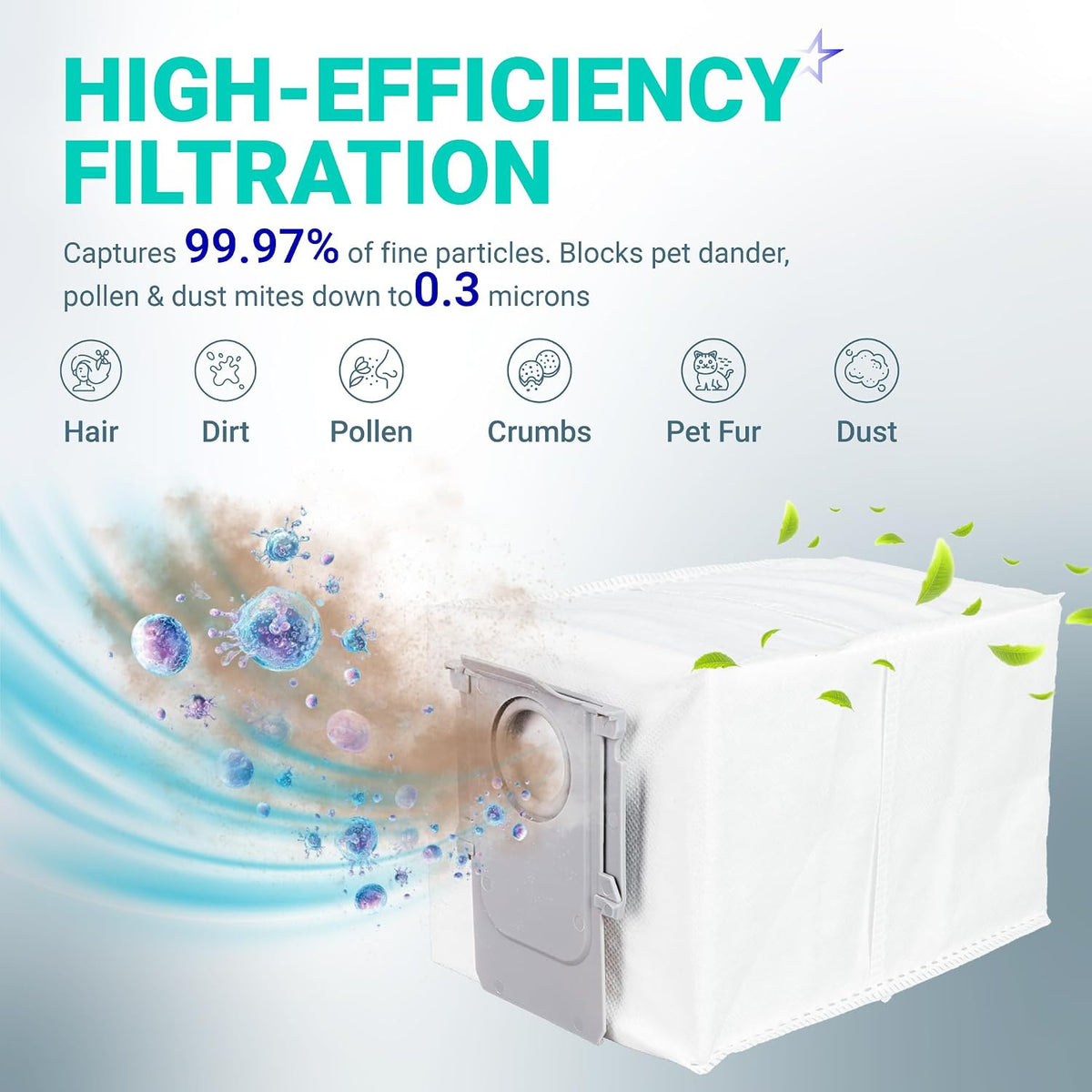 QV 35A 24-Pack Replacement Dust Bags showing a dust bag with high-efficiency filtration and captured particles